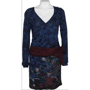 Desigual Fabiola dress long sleeve maroon tie waist v-neck pattern v-neck small